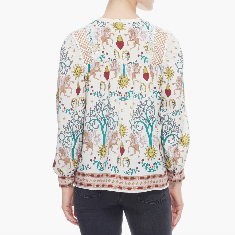 Sandro Paris Azucar Chiffon Blouse Tarot Print Lace Ivory Sz 1 Small Celestial - Picture 2 of 16